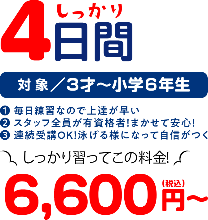 しっかり5日間 1、毎日練習なので上達が早い 2、スタッフ全員が有資格者「まかせて安心」 3、連続受講OK!泳げる様になって自信がつく 対象/3才〜小学6年生 5,980円(税込)〜