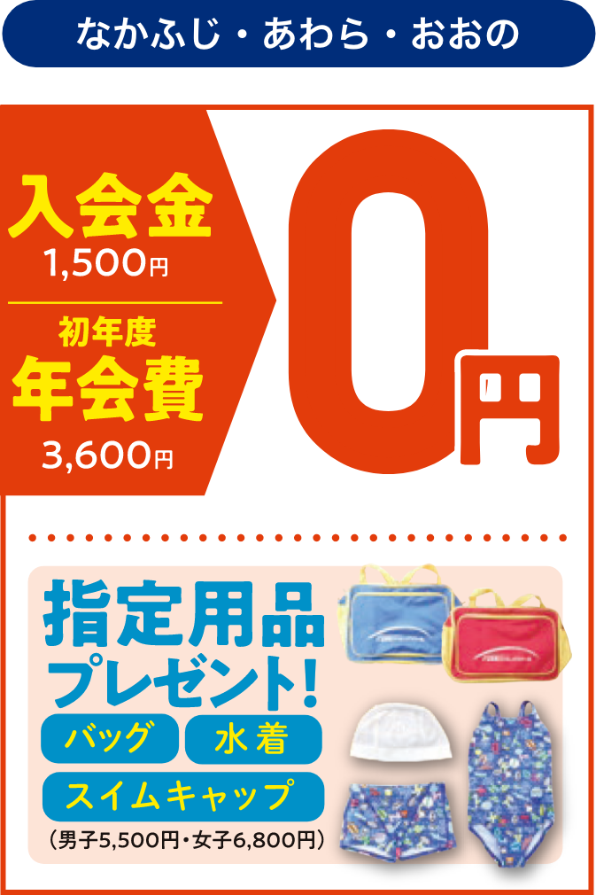 なかふじ・あわら・おおの 入会金・初年度年会費0円 指定用品プレゼント バッグ・水着・スイムキャップ(男子5,500円 女子6,800円) 無料体験会3/31(火)まで